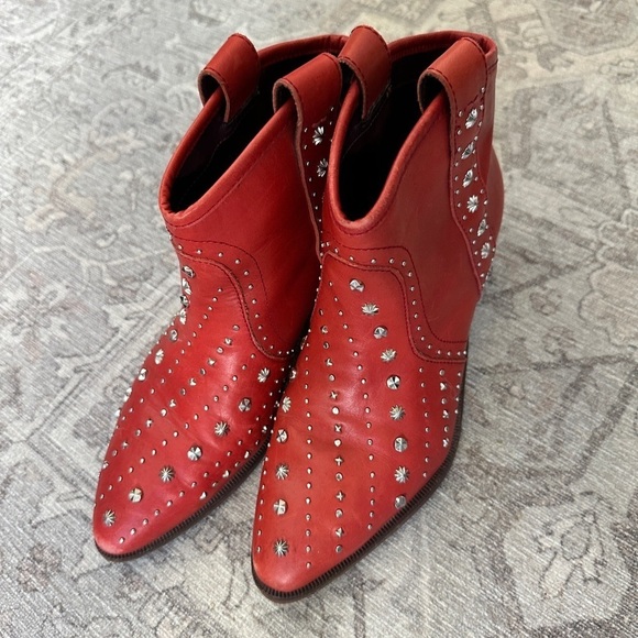Sam Edelman red leather studded western cowboy cowgirl booties boots bejeweled - Picture 1 of 7